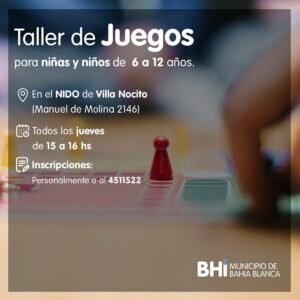 Se realiza taller de juegos para niñas y niños de 6 a 12 años todos los jueves de 15 a 16 en NIDO Villa Nocito. Las inscripciones se realizan personalmente o por teléfono.