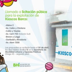 Vence mañana el plazo para presentar propuestas para la explotación de kioscos barco ubicados en distintos puntos de la ciudad. Las propuestas se reciben en la Secretaría de Movilidad Urbana y Espacios Públicos (Drago 45