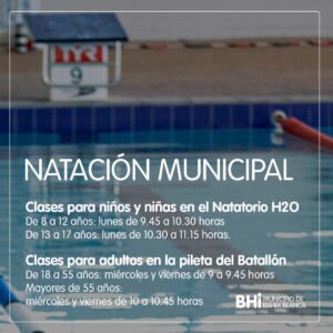 Se abren inscripciones para la Escuela Municipal de Natación con clases para niños (8-17 años) y adultos (18+). Las clases comienzan el lunes en el Natatorio H2O y pileta del Batallón. Inscribirse en Las Tres Villas de 8 a 14.
