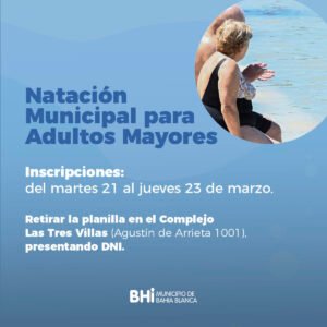 Se abren inscripciones para clases de natación gratuitas destinadas a adultos mayores en el Complejo Las Tres Villas. Las anotaciones estarán disponibles hasta el jueves 23 de 8 a 14 hs.