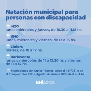 Se abren inscripciones para clases de natación para adultos mayores en el Complejo Tres Villas. Las clases inician el 20 de abril en el Natatorio Batallón (miércoles y viernes). También hay encuentros para personas con discapacidad en múltiples natatorios (H2O
