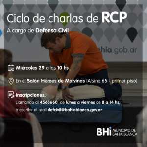 Defensa Civil ofrece una charla gratuita sobre técnicas de RCP el miércoles a las 10 hs en el Salón Héroes de Malvinas. Inscripción previa obligatoria.