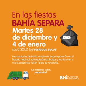La municipalidad recolectará únicamente residuos secos los martes 28 de enero y 4 de febrero en horario habitual. Se solicita separar papel