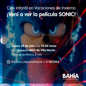 Se proyectará la película Sonic esta tarde a las 15 en el espacio NIDO de Villa Nocito (Manuel de Molina 2146). Actividad gratuita para niños y niñas con inscripción previa al 4511522.
