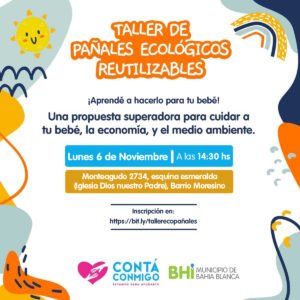 Se realizará un taller gratuito de pañales ecológicos reutilizables el lunes a las 14:30 en Monteagudo 2734 (barrio Moresino). La actividad enseña técnicas de confección de pañales sostenibles que benefician la salud infantil