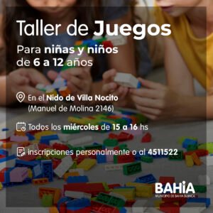 El NIDO de Villa Nocito invita a niñas y niños de 6 a 12 años a participar en un taller gratuito de juegos todos los miércoles de 15 a 16 horas. Inscripciones personales o por teléfono.