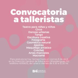 La Dirección General de Educación convoca a talleristas mayores de 18 años para implementar proyectos artísticos y culturales en barrios. Se reciben propuestas en teatro