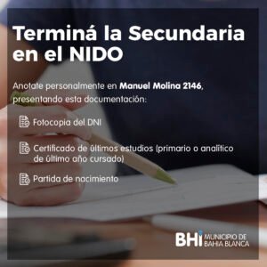 El espacio NIDO Villa Nocito ofrece un curso para terminar los estudios secundarios. Para inscribirse es necesario presentar fotocopia del DNI