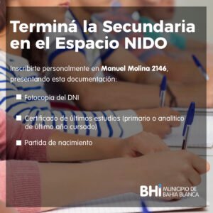 Se abre inscripción para un curso de finalización de estudios secundarios en el Espacio NIDO Villa Nocito. Requiere DNI