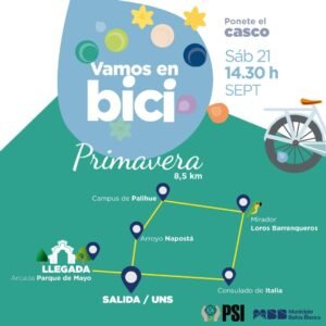 Paseo cicloturístico de 8 km el sábado 21 desde UNS. Celebra primavera y movilidad sustentable. Inscripción online.