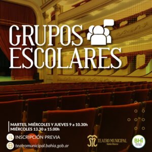 El Departamento Educativo del Instituto Cultural abre la agenda de visitas guiadas al Teatro Municipal para instituciones educativas. Los turnos están disponibles en teatromunicipal.bahia.gob.ar/visitas-guiadas/ con horarios a las 9:00 y 13:30. Los visitantes podrán recorrer los espacios del teatro